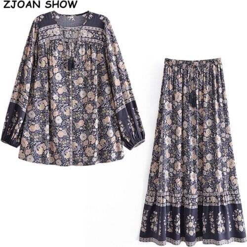 2021 BOHO Lacing up Collar Floral Print Long sleeve Shirt Women Elastic Waist Tassel Bow Maxi Skirt Suits Holiday 2 Pieces Set