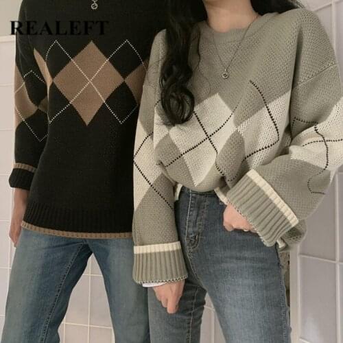 REALEFT 2020 New Autumn Winter Oversize Jacquard Womens Sweater O-Neck Long Sleeve Loose Knitted Chic Pullover Tops Female