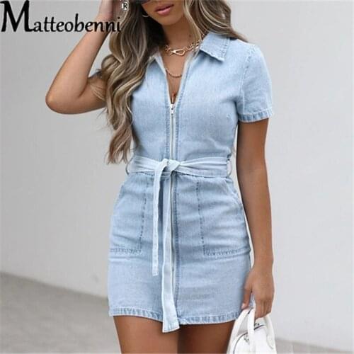 2021 Summer Women Lace-Up High Waist Short-Sleeve Zipper Pocket Sexy Slim Denim Dress Ladies Loose Casual Streetwear Long Dress