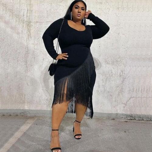 Plus Size Dresses for Women Party Long Sleeve Black Dress with Tassel High Waist Club Sexy Bodycon Dress Wholesale Dropshipping