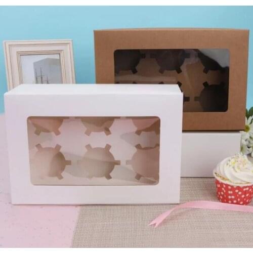 2020 Windowed Cupcake Boxes White Brown Kraft Paper Box Gift Packaging For Wedding Festival Party 6 Cup Cake Holders LX1864