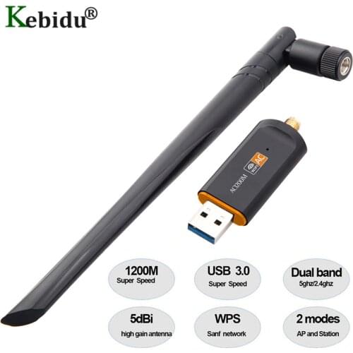KEBIDU 1200Mbps USB 3.0 Wireless Wifi Adapter 2.4Ghz/5Ghz Dual Band Network Card RTL8812 5dBi Antenna For Laptop PC Super Speed