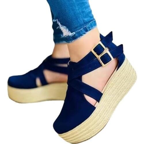 New Summer Womens Sandals Vintage Wedge Shoes Woman Buckle Strap Blue Thick Bottom Flats Platform Sandals Flock Female Shoes