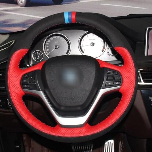 Black suede and red perforated leather steering wheel cover for BMW X3 F25 2010-2017 11 12 13 14 15 X4 F26 2014 2015 2016-2018