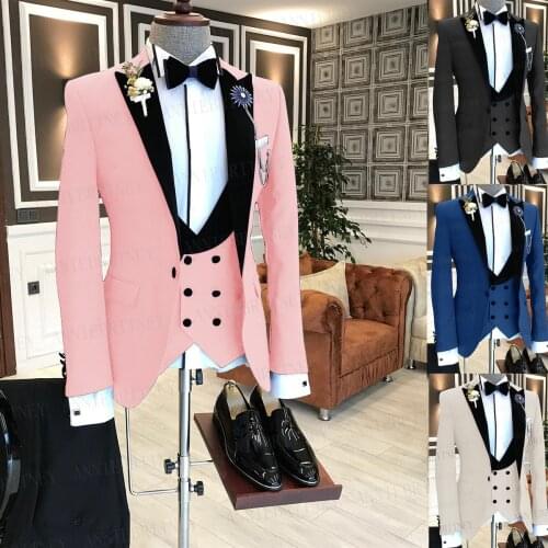 2021 Formal Men Suits Wedding Slim Fit Groom Dress Tuxedo Custom Made Large Size Pink Blazer Business Jacket Vest Pants 3 Pieces