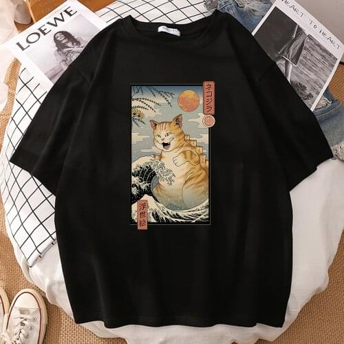 Japanese Fashion Street Huge Cat T Shirts Short Sleeve Men Clothing Funny Retro Tops Fashion Pattern T-Shirt Summer Streetwear