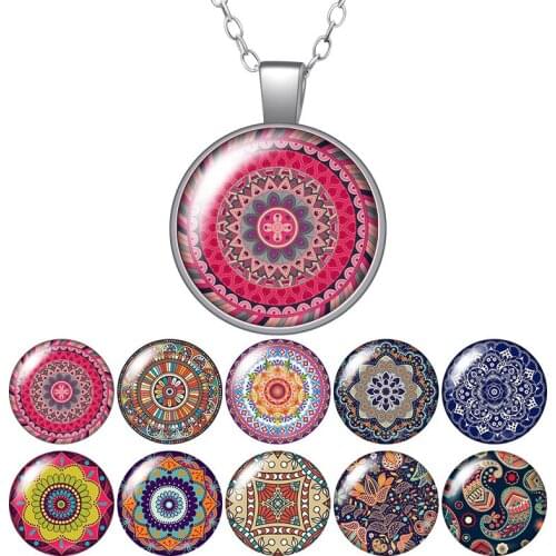 Beauty Patterns Flowers Round Glass Cabochon Photo Pendant Necklace Women Jewelry Party Birthday Gift 50cm ZB0464