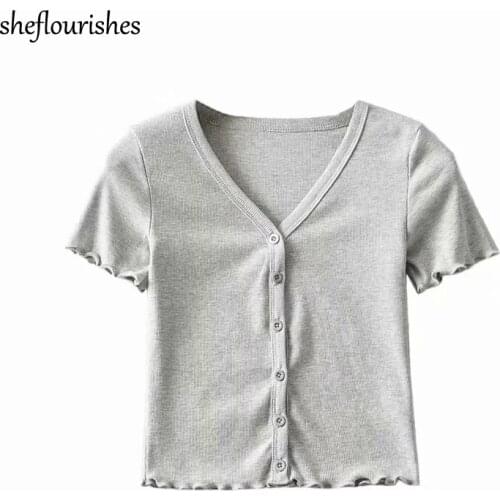 Summer basic t shirt women casual short sleeve tees knitted ruffle top cute single breasted shirt slim kawaii tshirt black white
