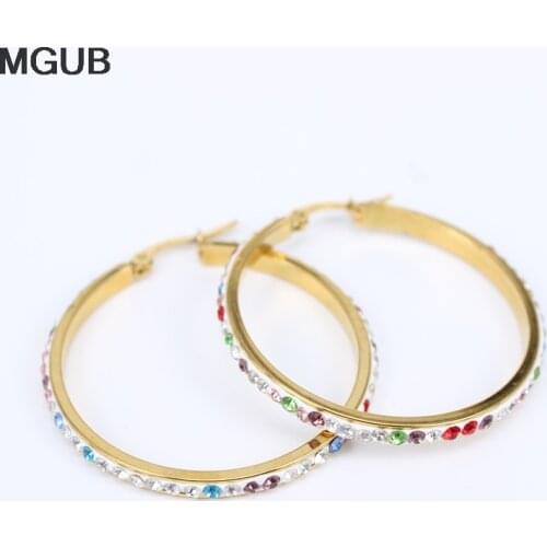 Diameter 30-50MM Wholesale Hoop Earrings Women Gold Color Round Circle Stainless Steel crystal Earring fashion jewelry LH836