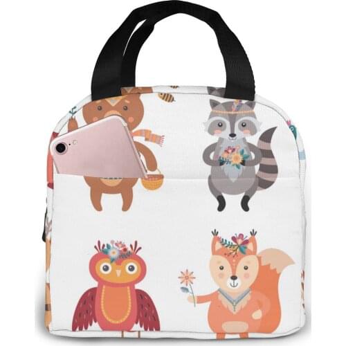 Cartoon Boho Animals Cooler Bag Portable Zipper Thermal Lunch Bag Convenient Lunch Box Tote Food Bag