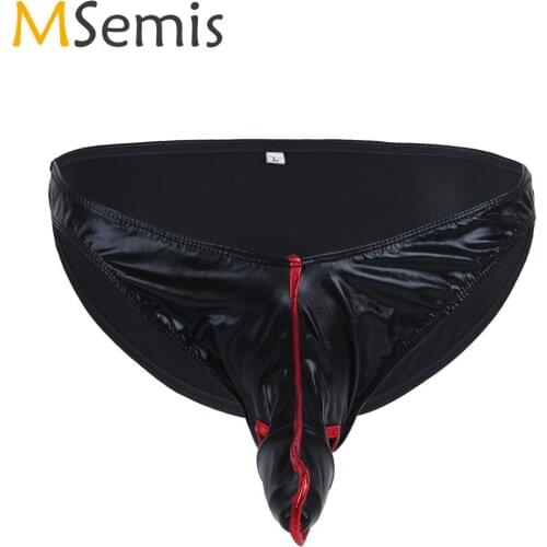 Mens Underwear Wet Look Leather G-String Briefs Male Gay Shiny Bikini Panties Hot Sexy Closed Penis Sheath Jockstraps Underpants
