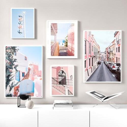 Pink Style Small Town Posters And Prints Telephone Booth Wall Art Canvas Painting Nordic Wall Pictures For Living Room Decor