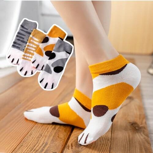 4 Pairs/set kawaii Women Cotton Socks Harajuku Casual Short Ankle Style Multi-color Black White Funny Cute Cat Paw Pattern