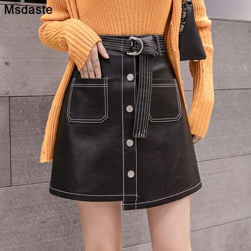 2019 New Fashion Women PU Skirts Lining Inside Korean Casual High Waist Mini Skirt With Belt Black Street Wear Leather Skirts