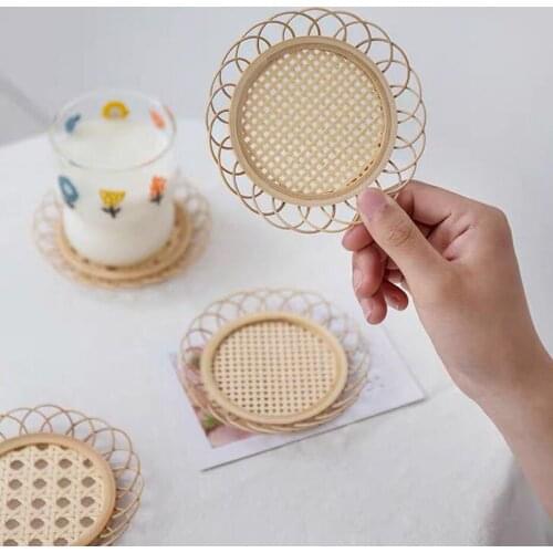 Simple Japanese Style Drink Rattan Cup Coasters Bamboo Woven Saucer Mat Non-Slip Pot Holder Dining Table Placemat