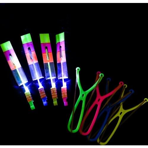 2Pcs/Set Outdoor Shining Rocket Flash LED Slingshot Elastic Helicopter Rotating Flying Toy Arrow Gift Children Fairy Catapult