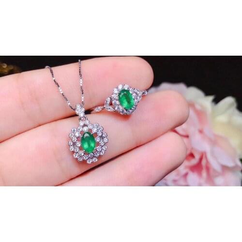 The best gift for Anniversary Natural Emerald jewelry set Natural Real Emerald 925 sterling silver 1pc pendant,1pc ring
