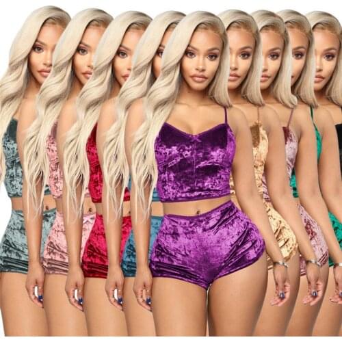 Sexy Bodycon Two Piece Set Women Soft Velvet Spaghetti Strap Bow Lace Sleeveless Crop Tops Short Pants Suits Pajama Sets Clothes