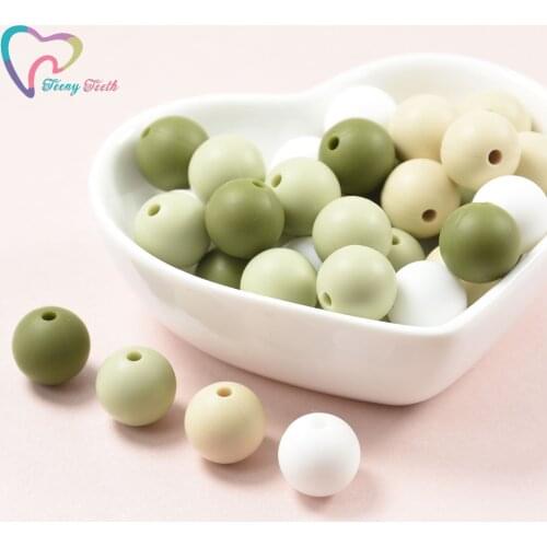 Teeny Teeth 20 PCS Sage Green White 12-15 MM Baby Silicone Round Beads Loose Teething Silicone Beads Mix For Making DIY Jewelry