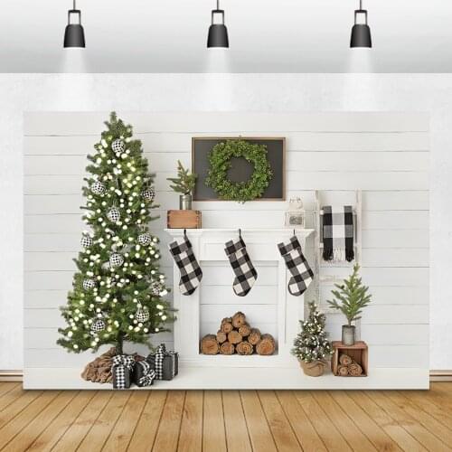Vinyl Backgrounds For Photography White Wood Wall Christmas Tree Fireplace Socks Wood Room Interior Photo Backdrop Photo Studio