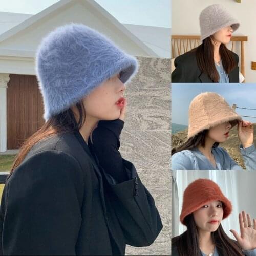 Women Winter Fluffy Furry Dome Bucket Hat Solid Color Thicken Warm Harajuku Hip Hop Bell-Shaped Foldable Fisherman Cap