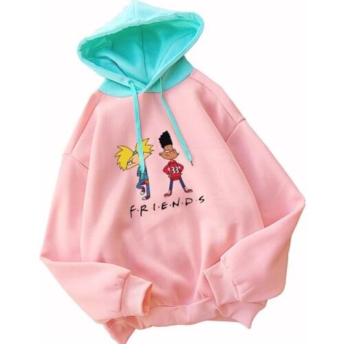 Womens Harajuku Kawaii Hoodies Loose Fleece Spell Color Funny Cartoon Three Good Friends Printed Hooded Sweatshirt y2k Pullover