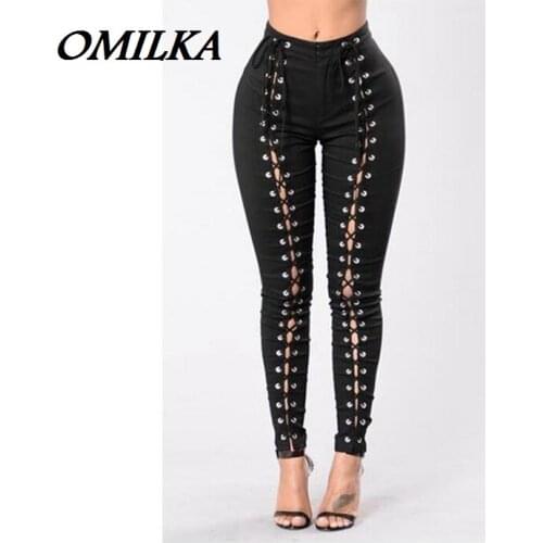 OMILKA 2017 Summer Women High Waist Cross Lace Up Bandage Trousers Pants Sexy Black Hollow Out Club Party SkinnyPencil Leggings