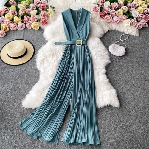 French Retro Professional OL Suit Collar Jumpsuit Women Overalls Fashion Flared Lady Jumpsuits Solid Sleeveless Rompers Belt