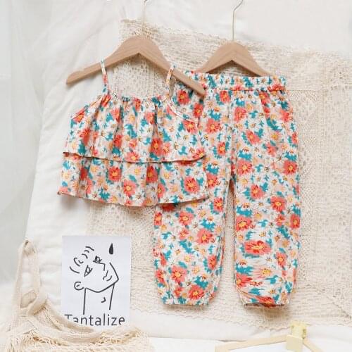 2021 Summer Two-piece Girls Sling Top Girls Floral Sleeveless Sling Childrens Casual Pants Summer Loose Thin Baby Clothes