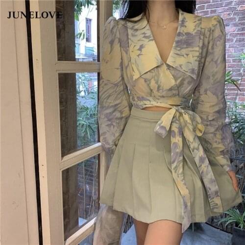 Women Sweet Blouses Printed Long Sleeve Crop Tops Designer Stylish Ulzzang Bandage Slender Females Blouse Streetwear Boho Blouse