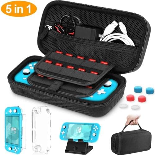 Carrying Thick Case for Nintendo Switch Lite 5 in 1 Nintend NS Lite Case Mini Kit Adjustable PlayStand, Tempered Film,Grip Caps