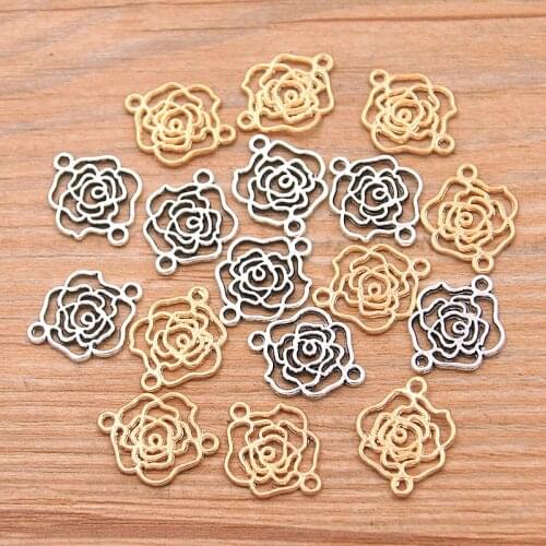 40PCS 2 Color 13*16mm KC Gold Paper Rose Charms Plant Connector Metal Alloy DIY Necklace Bracelet Handwork Marking Findings