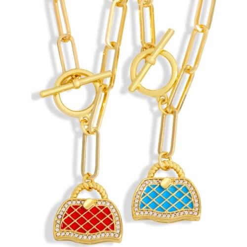 FLOLA 7 Colors Copper CZ Handbag Necklace Gold Link Enamel Long Chain Pendant Necklace Gift Girls Jewelry nkew92
