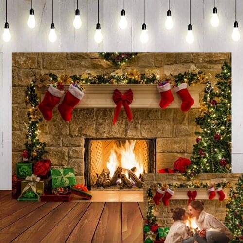 Christmas Tree Backdrop Fireplace Photo Background White Brick Wall Photography Backdrops Santa Claus Sock Photo Studio