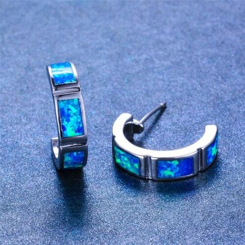 Geometric White Blue Opal Earrings Luxury Female Small Square Stone Stud Earrings Dainty Silver Color Wedding Earrings For Women