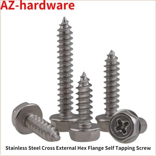 GuHua Stainless Steel Cross External Hex Flange Self Tapping Screw with pad Hexagon Head with Collar Tapping Screws M3-M6 10pcs