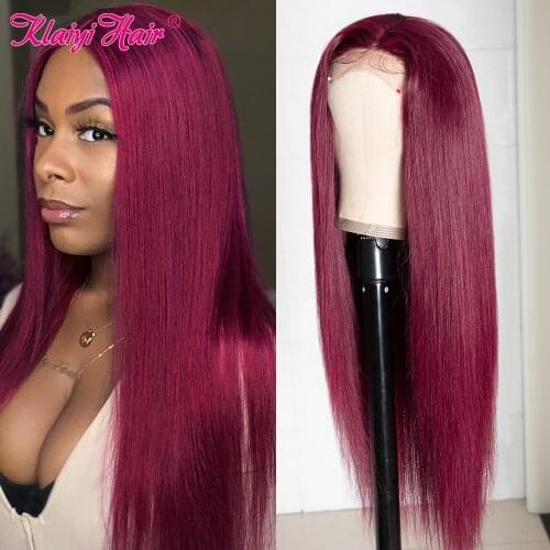 Klaiyi Straight Hair 4x1 T Part Lace Wig Remy Hair Lace Part Wig For Women Pre Plucked Wine Red Human Hair Wigs 14-24 Inch