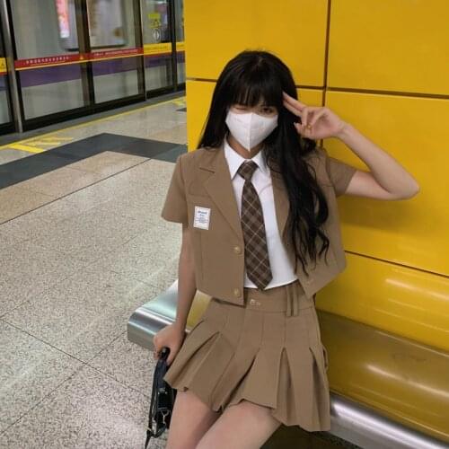College Style Jk Suit Female Summer Shirt Pleated Skirt 4Pcs Set Japanese School Uniform 2021 Women Short Sleeve Jacket Fashion
