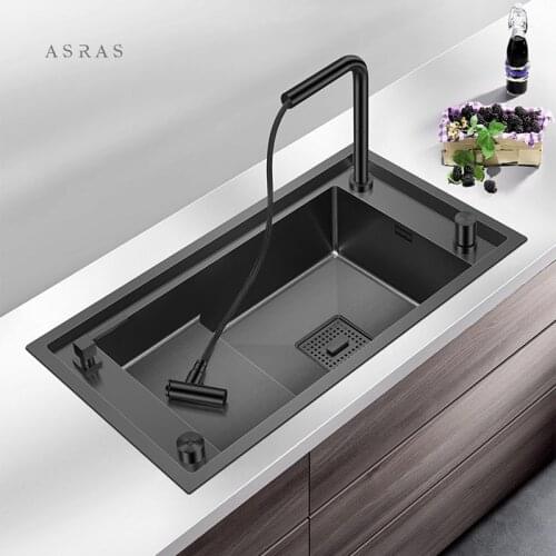ASRAS -8345NJ 304 Stainless Steel nano matt black sink kitchen single sink with pull out faucet Large Nanotech plating sink