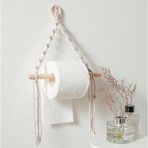 Nordic Style Wooden Paper Towel Storage Rack Rope Hanging Shelf Bedroom Decor