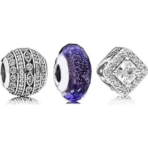 NEW 100% 925 Sterling Silver Geometric Zircon Teardrop Charm Late Night Blue Glass Bead Set Noble Eternal Charming Luxury Gift