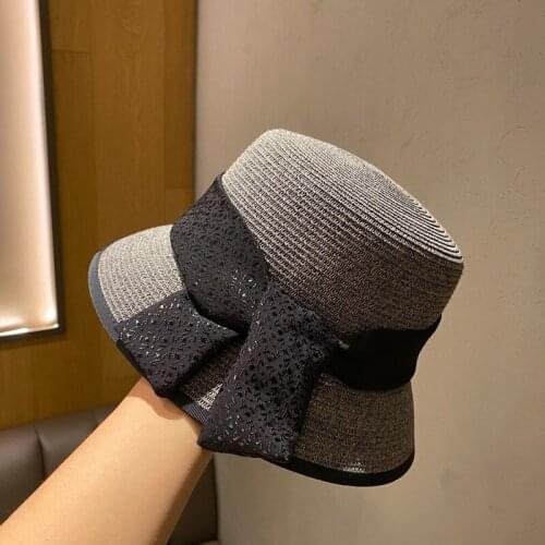 Fashion Harajuku Straw Hat Lady Summer Wide Brim Flat Top Edging Bucket Sun Hat With Bowknot Beach Sun Protection Visors Hip Hop