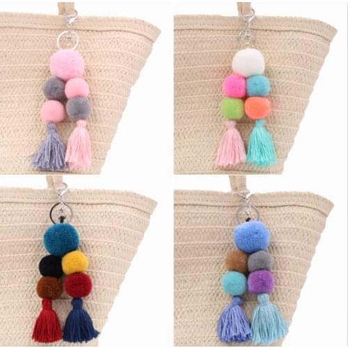 1pc Boho Style Big Ball PomPom Bag Hanging With Tassel Keychains For Women Jewelry Party