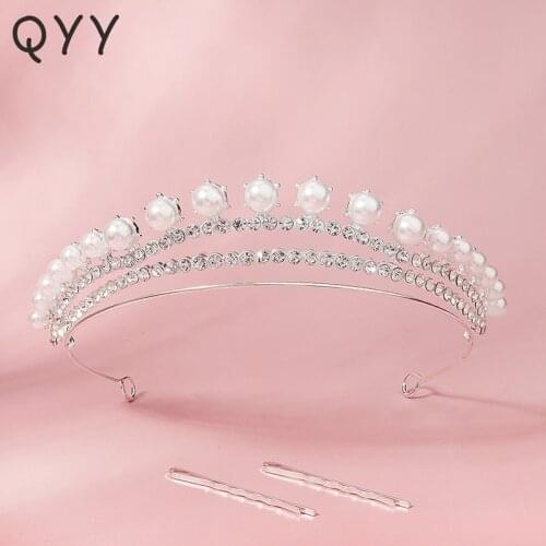 QYY Pearl Wedding Crown Rhinestone Tiaras and Crowns for Women Accessories Bridal Hair Jewelry Party Headpiece Bride Headwear