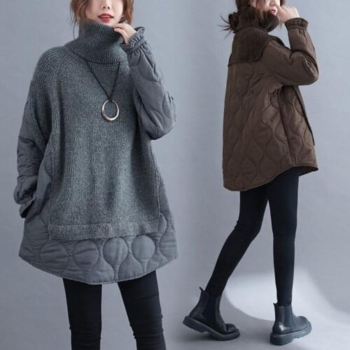Turtleneck Sweater Stitching Pullover Thick Coat Women Winter Jacket Oversize Retro Casual Loose Lady Cotton-padded Jackets e593