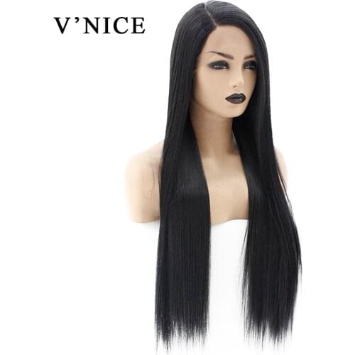 V'NICE Black Color Lace Front Wig Natural Hairline Side Part Synthetic Heat Resistant Fiber Hair Long Straight Wigs for Women