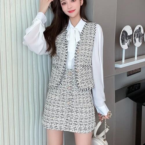 White Shirt + Vest Tweed Jacket Coat + Mini Woolen Skirt Set Autumn Fashion Designer Korean 3 Piece Set Women Outfits Bow Collar