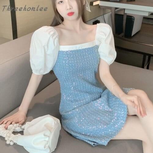 2021 Summer New Korean Fashion Patchwork Denim Casual Dress Square Neck Bubble Sleeve Sexy Slim Mini Dress