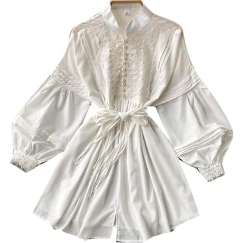 Autumn New DressTemperament Small Stand-up Collar Slim Short Retro Lantern Sleeve Loose Pleated Small Dress Women