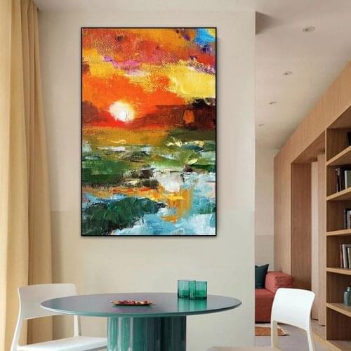 100% Hand Painted Abstract Sunset Glow Oil Painting On Canvas Bright Textured Modern Canvas Wall Art For Living Room Home Decor